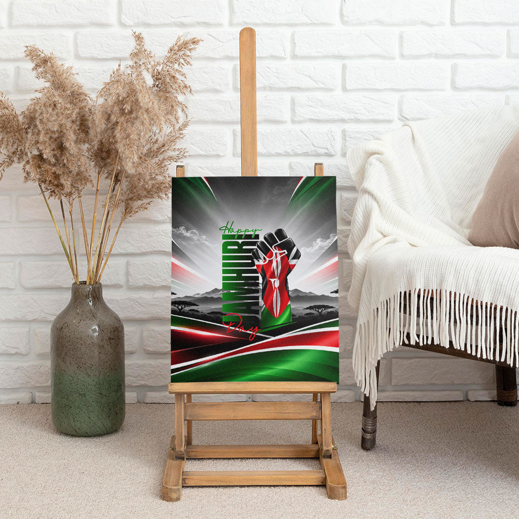 Kenya Jamhuri Day Canvas Wall Art Kenyan Flag Raised Fist Maasai Spear Landscape