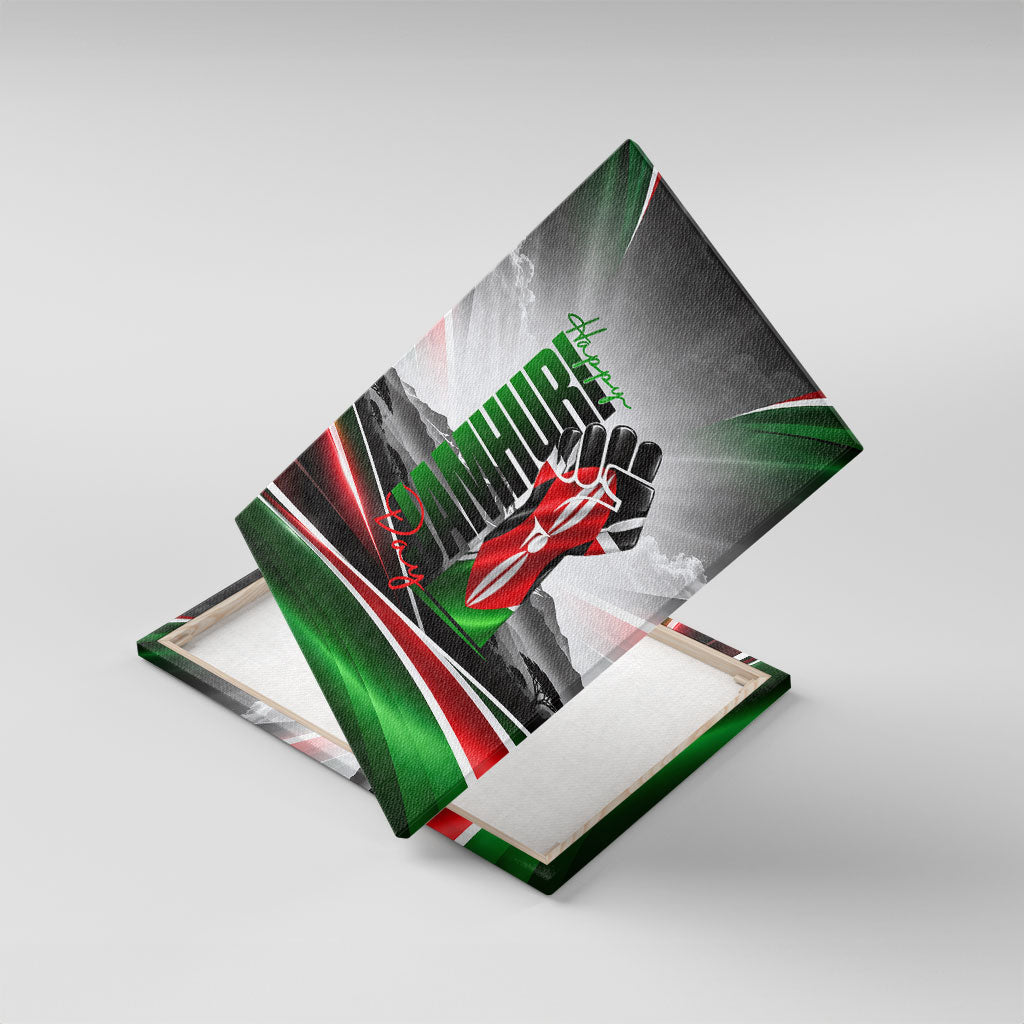 Kenya Jamhuri Day Canvas Wall Art Kenyan Flag Raised Fist Maasai Spear Landscape