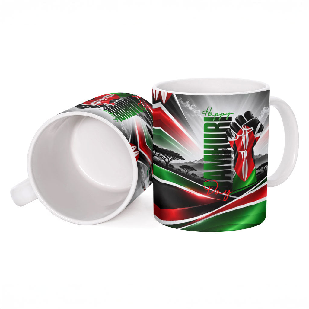 Kenya Jamhuri Day Ceramic Mug Kenyan Flag Raised Fist Maasai Spear Landscape