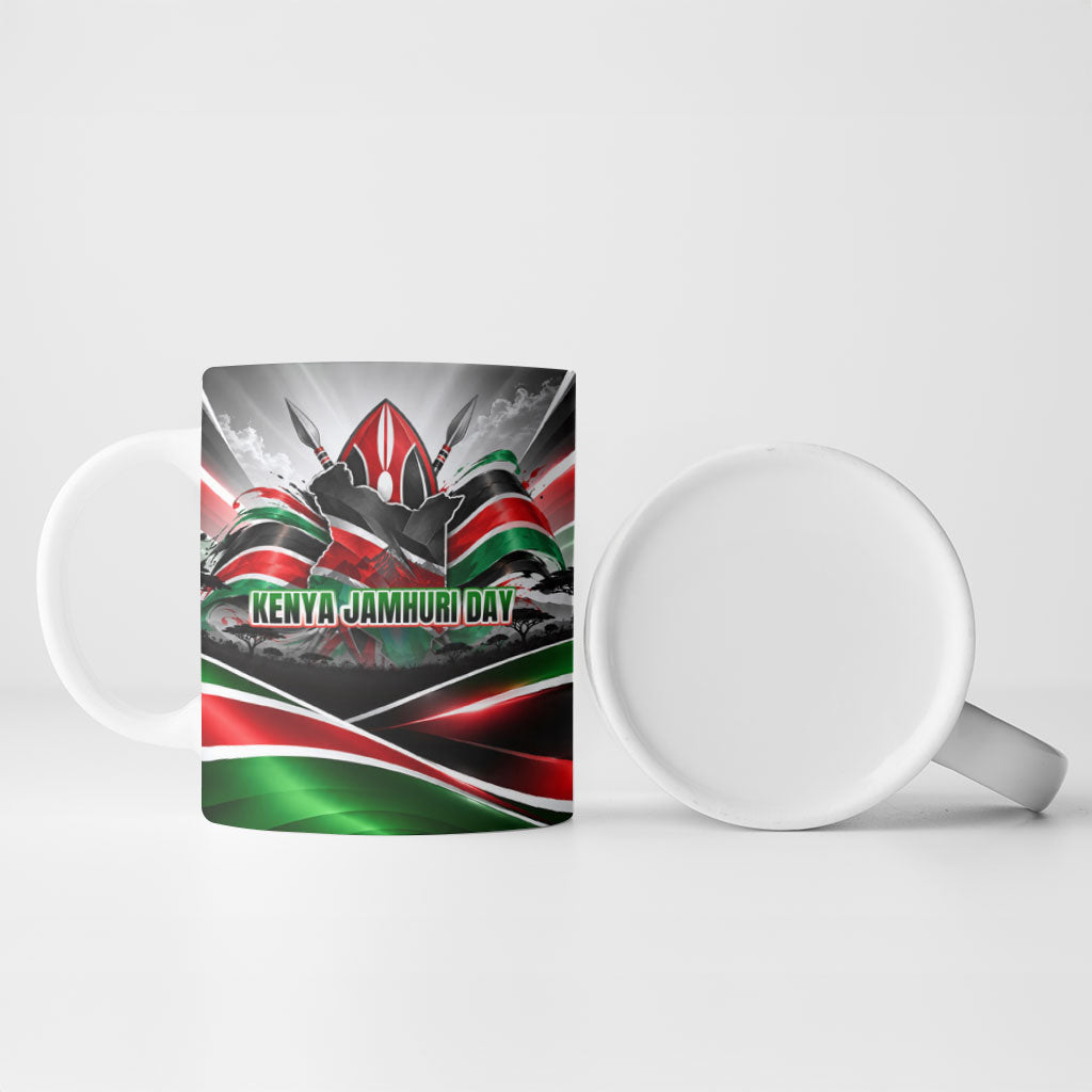 Kenya Jamhuri Day Ceramic Mug Kenyan Flag Raised Fist Maasai Spear Landscape