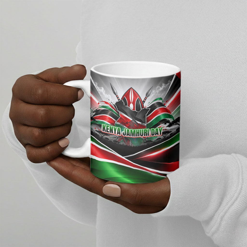 Kenya Jamhuri Day Ceramic Mug Kenyan Flag Raised Fist Maasai Spear Landscape