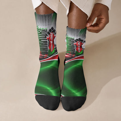 Kenya Jamhuri Day Crew Socks Kenyan Flag Raised Fist Maasai Spear Landscape