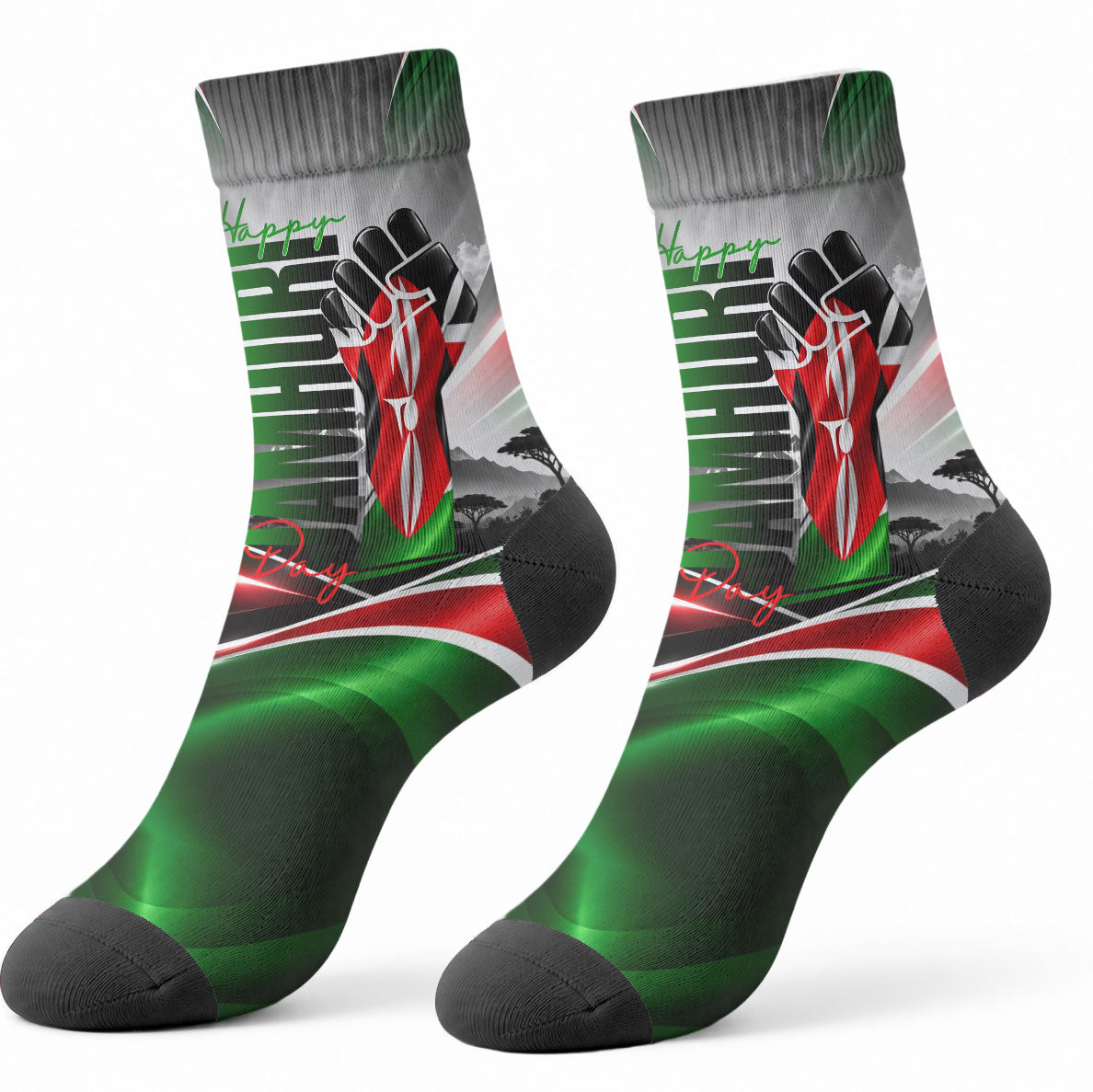 Kenya Jamhuri Day Crew Socks Kenyan Flag Raised Fist Maasai Spear Landscape