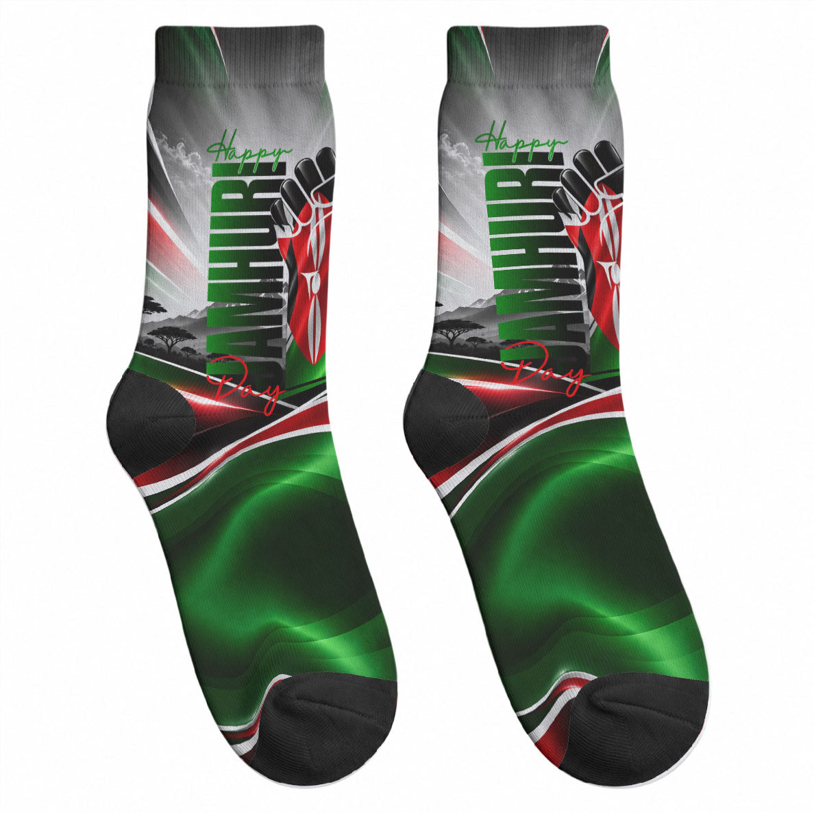 Kenya Jamhuri Day Crew Socks Kenyan Flag Raised Fist Maasai Spear Landscape