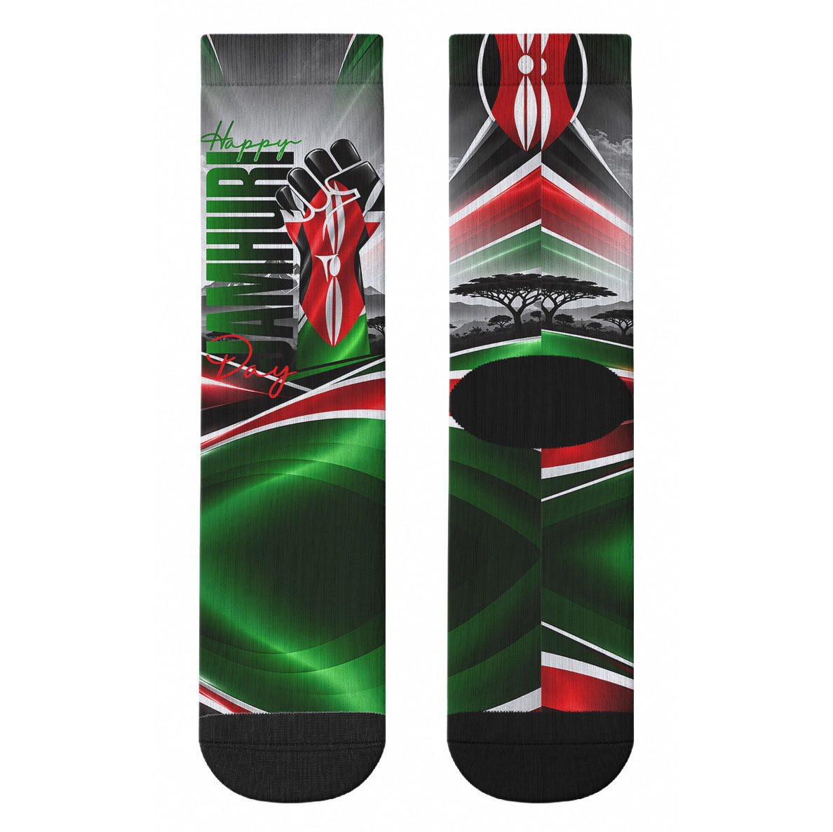 Kenya Jamhuri Day Crew Socks Kenyan Flag Raised Fist Maasai Spear Landscape