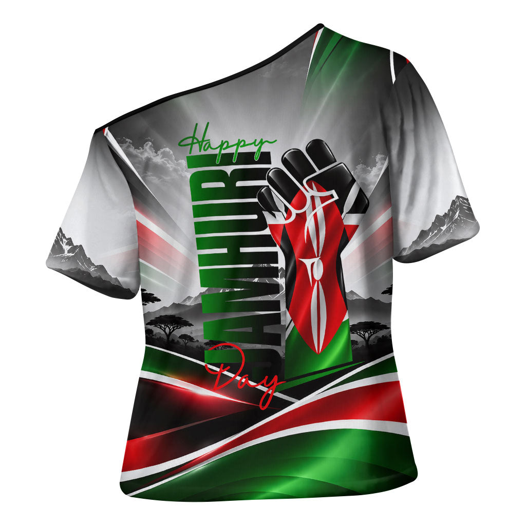 Kenya Jamhuri Day Cross Shoulder Shirt Kenyan Flag Raised Fist Maasai Spear Landscape