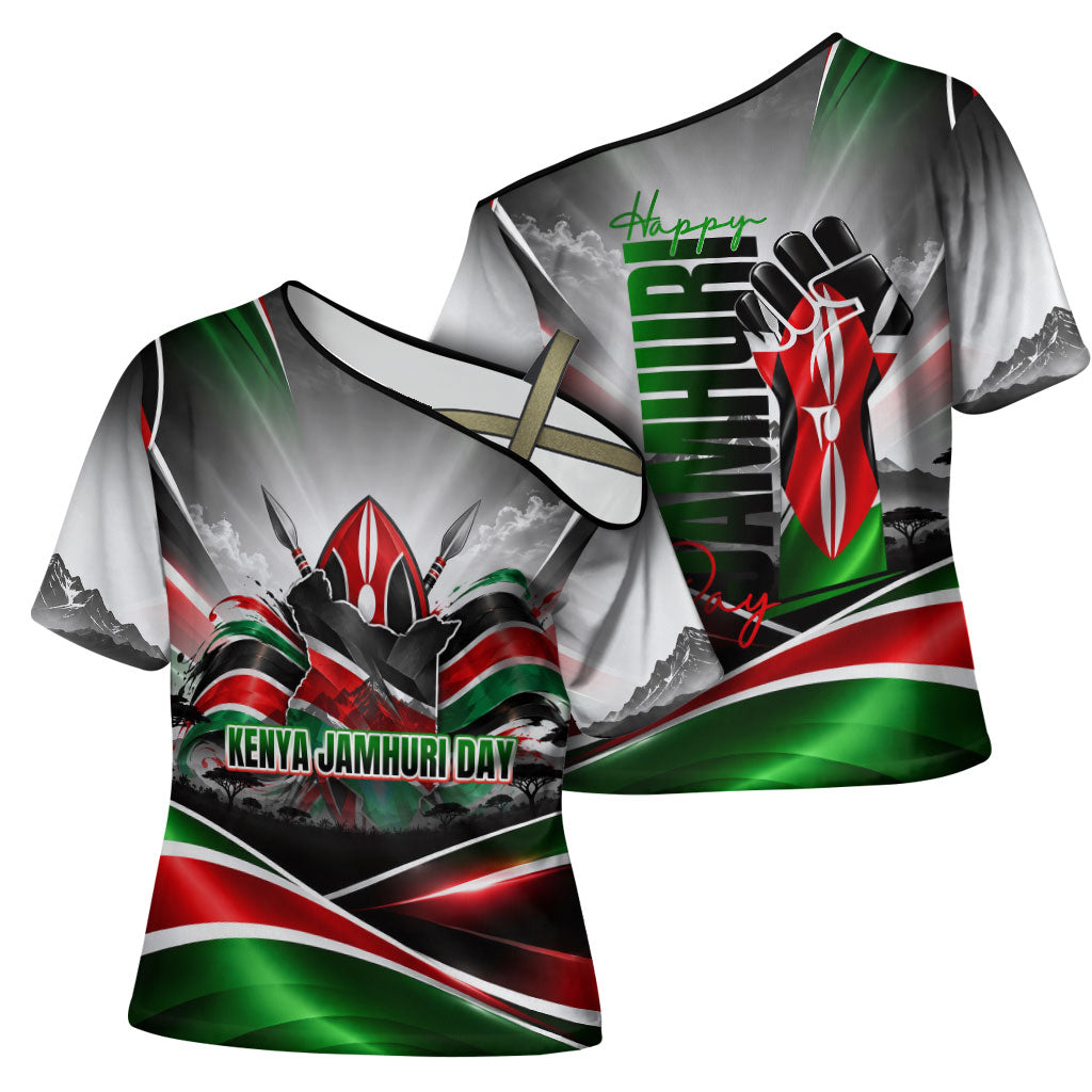 Kenya Jamhuri Day Cross Shoulder Shirt Kenyan Flag Raised Fist Maasai Spear Landscape