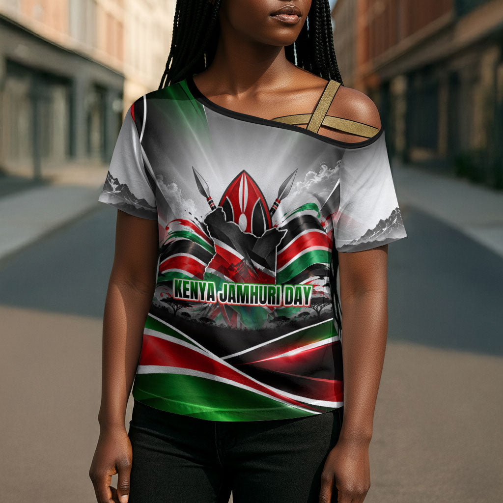 Kenya Jamhuri Day Cross Shoulder Shirt Kenyan Flag Raised Fist Maasai Spear Landscape
