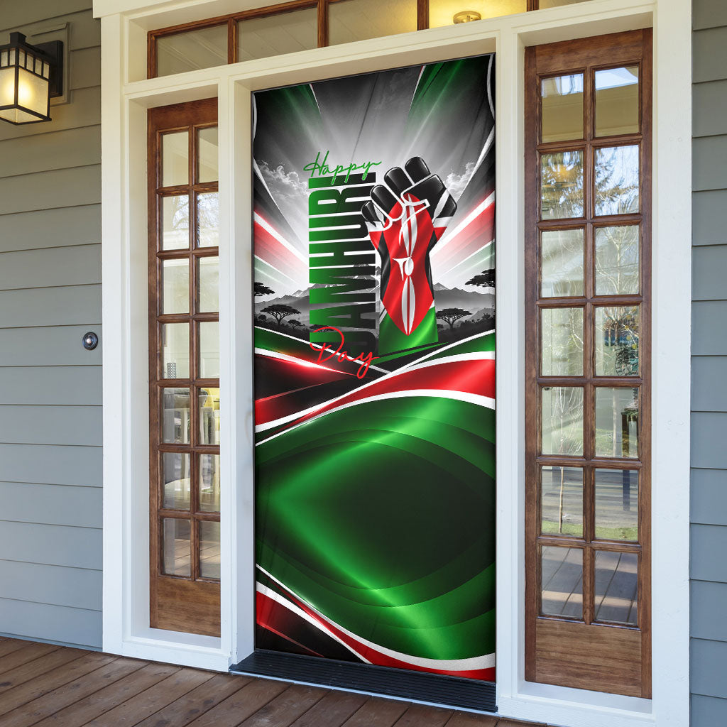 Kenya Jamhuri Day Door Cover Kenyan Flag Raised Fist Maasai Spear Landscape