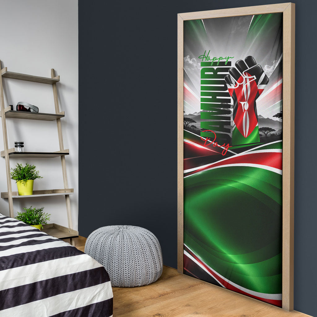 Kenya Jamhuri Day Door Cover Kenyan Flag Raised Fist Maasai Spear Landscape