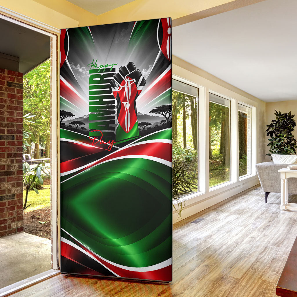 Kenya Jamhuri Day Door Cover Kenyan Flag Raised Fist Maasai Spear Landscape