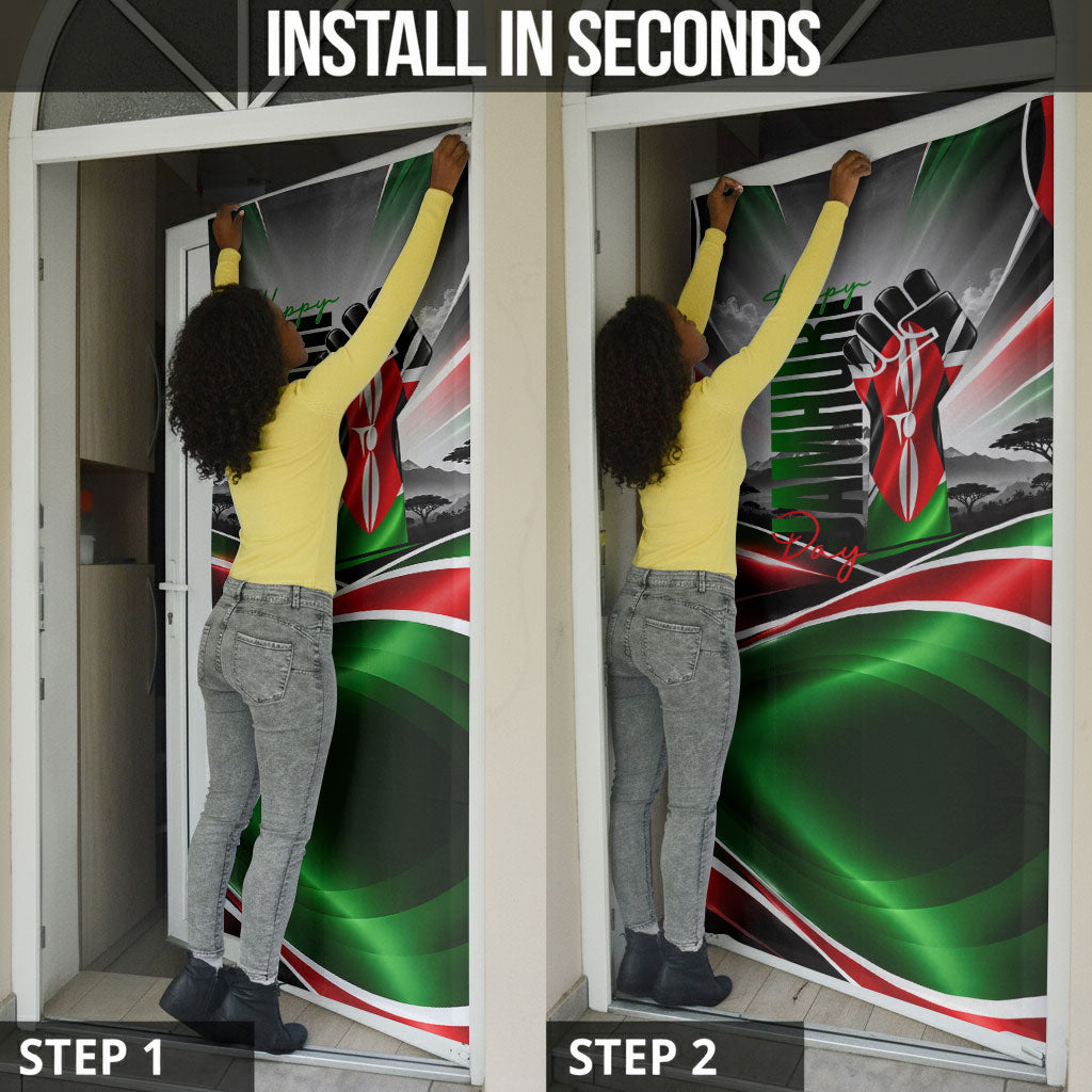 Kenya Jamhuri Day Door Cover Kenyan Flag Raised Fist Maasai Spear Landscape
