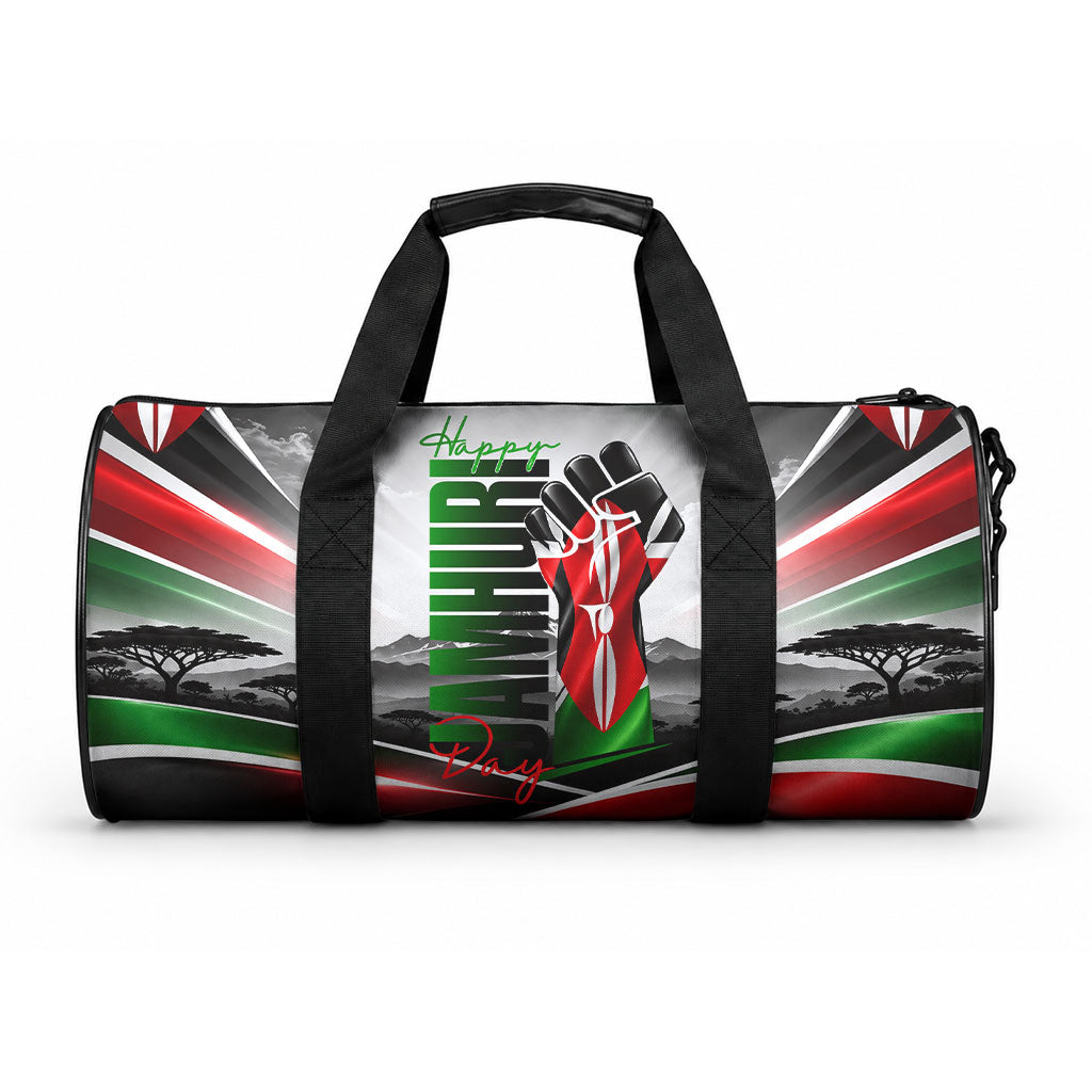 Kenya Jamhuri Day Duffle Bag Kenyan Flag Raised Fist Maasai Spear Landscape