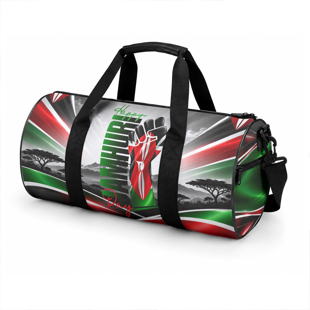 Kenya Jamhuri Day Duffle Bag Kenyan Flag Raised Fist Maasai Spear Landscape