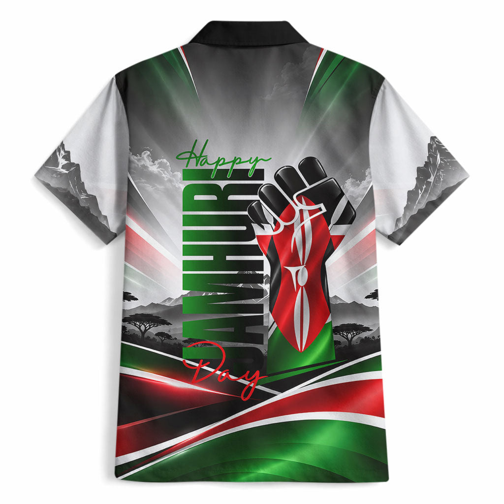 Kenya Jamhuri Day Hawaiian Shirt Kenyan Flag Raised Fist Maasai Spear Landscape