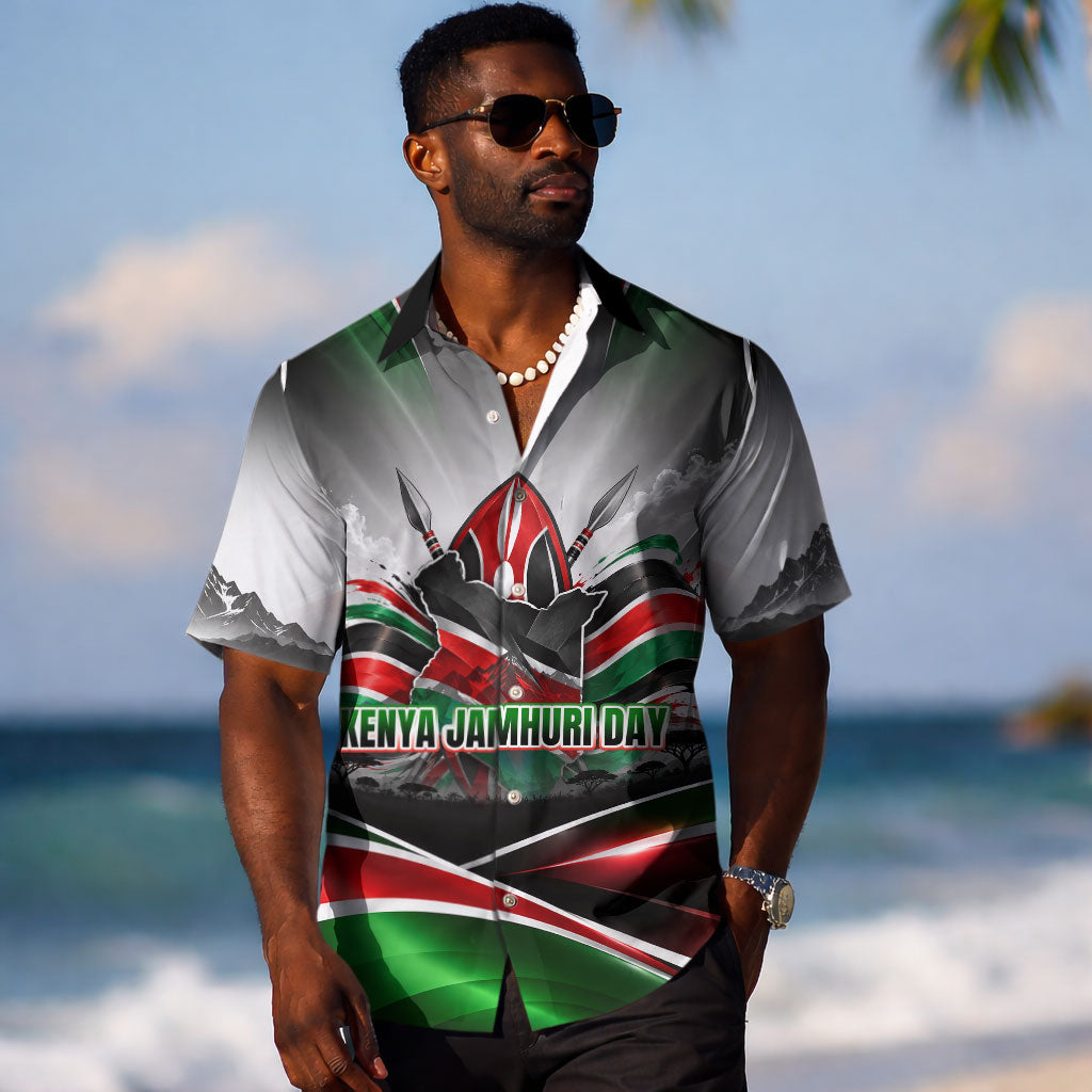 Kenya Jamhuri Day Hawaiian Shirt Kenyan Flag Raised Fist Maasai Spear Landscape