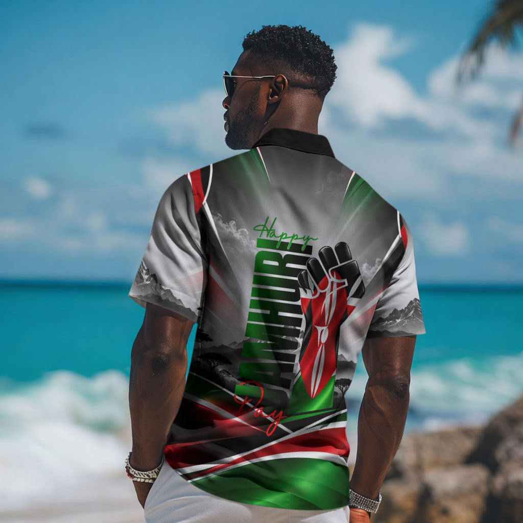 Kenya Jamhuri Day Hawaiian Shirt Kenyan Flag Raised Fist Maasai Spear Landscape