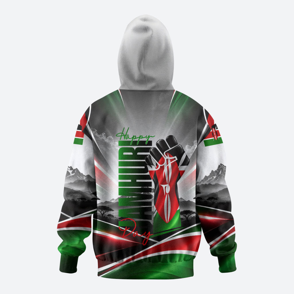 Kenya Jamhuri Day Hoodie Kenyan Flag Raised Fist Maasai Spear Landscape