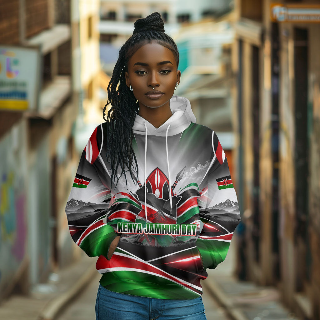 Kenya Jamhuri Day Hoodie Kenyan Flag Raised Fist Maasai Spear Landscape