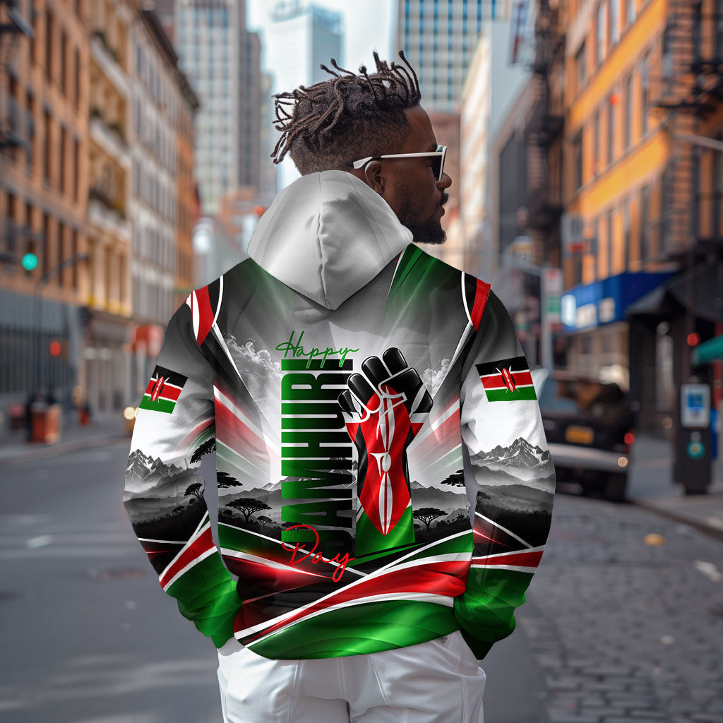 Kenya Jamhuri Day Hoodie Kenyan Flag Raised Fist Maasai Spear Landscape