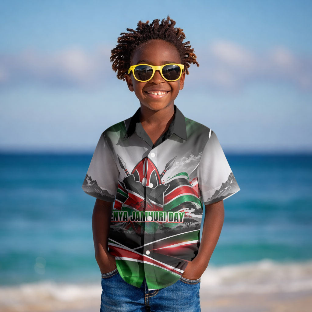 Kenya Jamhuri Day Kid Hawaiian Shirt Kenyan Flag Raised Fist Maasai Spear Landscape
