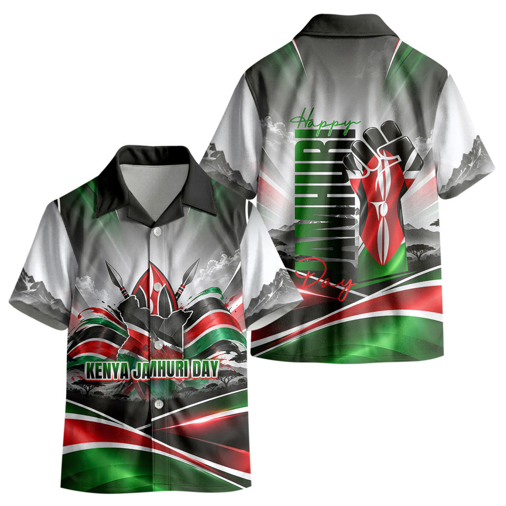 Kenya Jamhuri Day Kid Hawaiian Shirt Kenyan Flag Raised Fist Maasai Spear Landscape