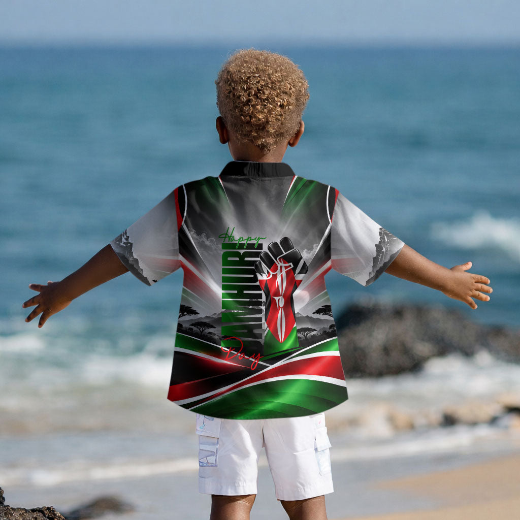 Kenya Jamhuri Day Kid Hawaiian Shirt Kenyan Flag Raised Fist Maasai Spear Landscape