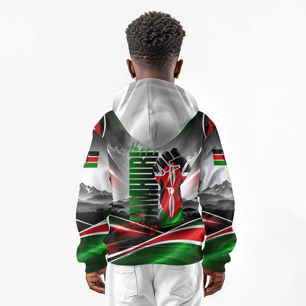 Kenya Jamhuri Day Kid Hoodie Kenyan Flag Raised Fist Maasai Spear Landscape