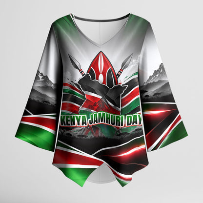 Kenya Jamhuri Day Kimono Sleeve Blouse Kenyan Flag Raised Fist Maasai Spear Landscape