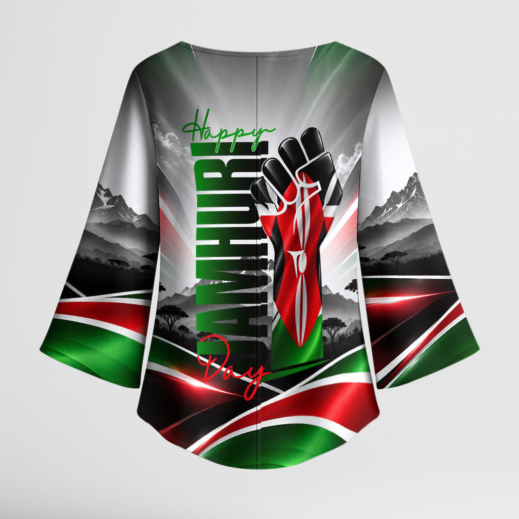 Kenya Jamhuri Day Kimono Sleeve Blouse Kenyan Flag Raised Fist Maasai Spear Landscape