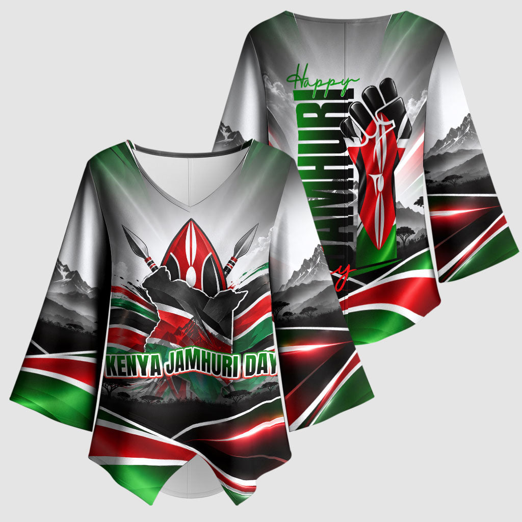 Kenya Jamhuri Day Kimono Sleeve Blouse Kenyan Flag Raised Fist Maasai Spear Landscape