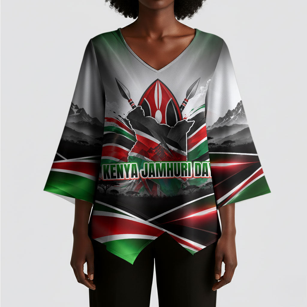 Kenya Jamhuri Day Kimono Sleeve Blouse Kenyan Flag Raised Fist Maasai Spear Landscape