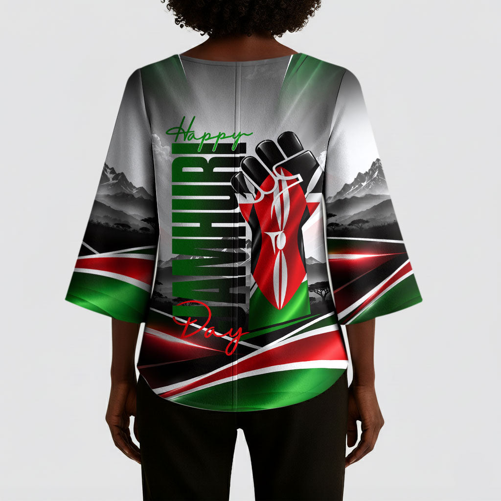 Kenya Jamhuri Day Kimono Sleeve Blouse Kenyan Flag Raised Fist Maasai Spear Landscape