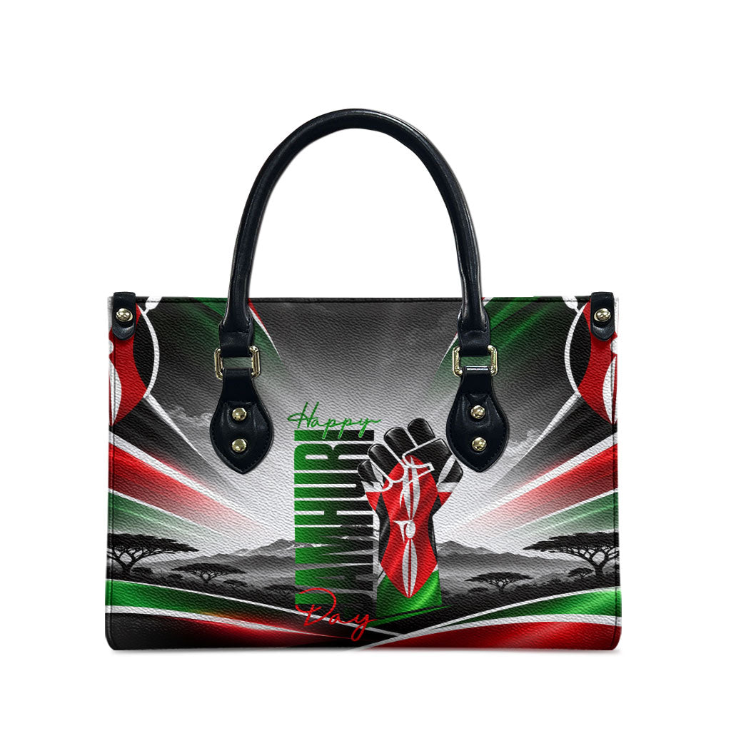 Kenya Jamhuri Day Leather Bag Kenyan Flag Raised Fist Maasai Spear Landscape
