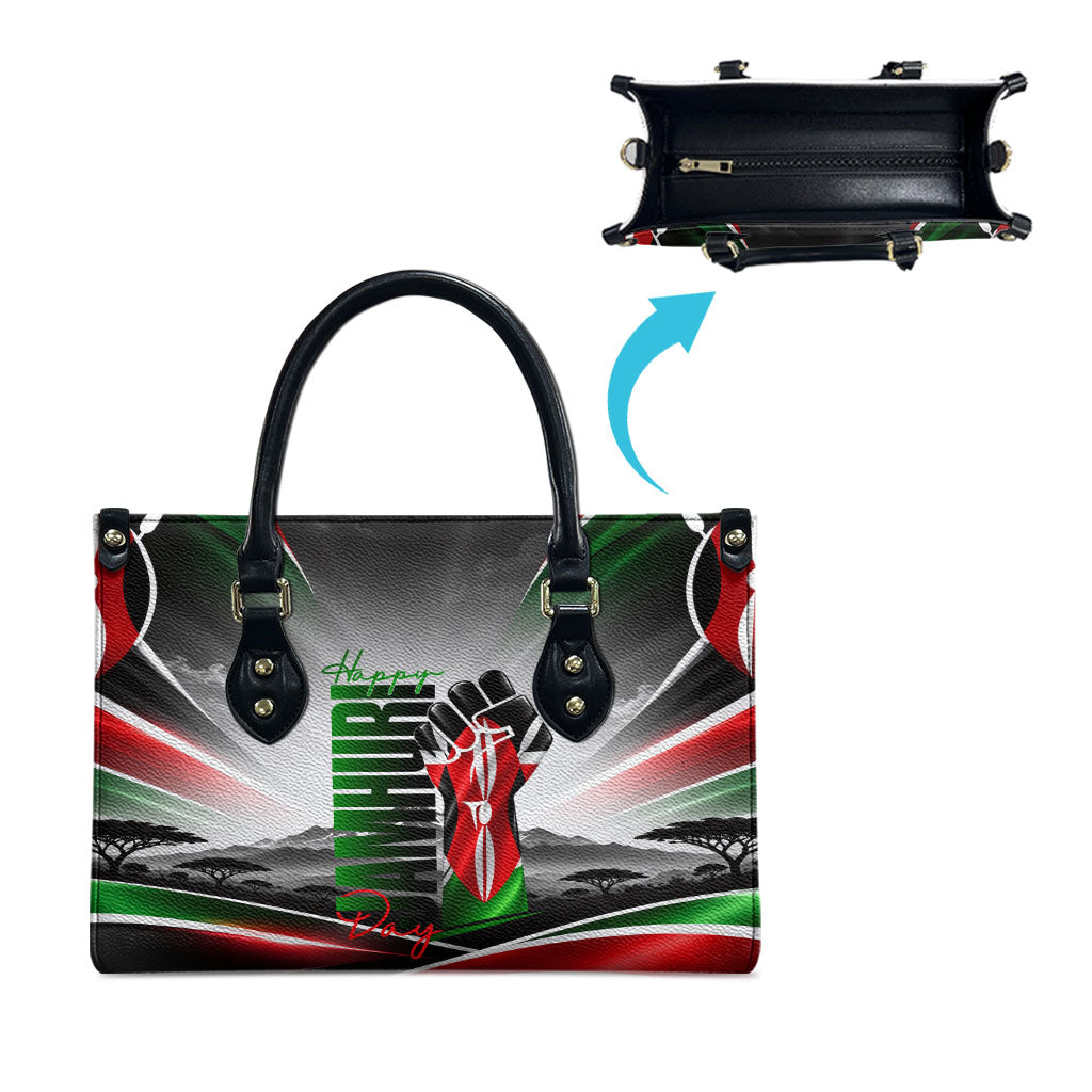 Kenya Jamhuri Day Leather Bag Kenyan Flag Raised Fist Maasai Spear Landscape