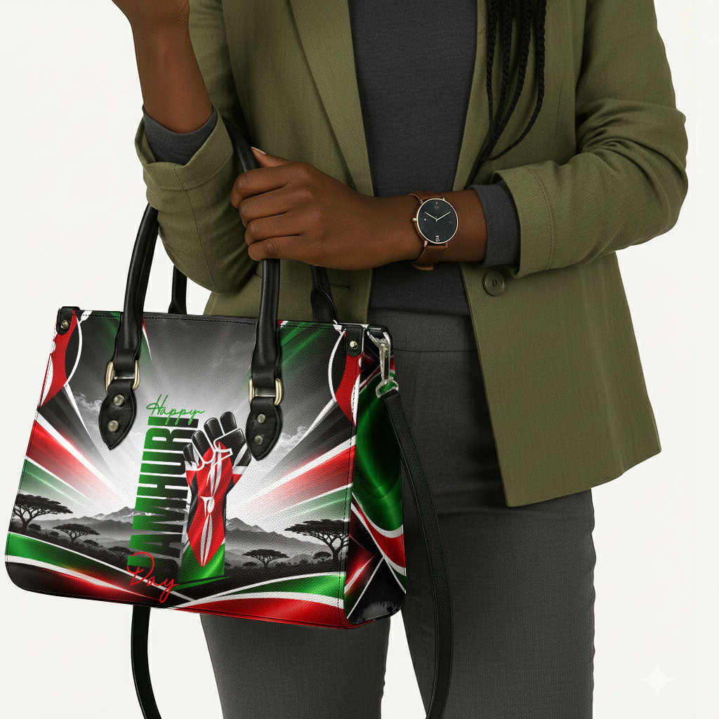 Kenya Jamhuri Day Leather Bag Kenyan Flag Raised Fist Maasai Spear Landscape