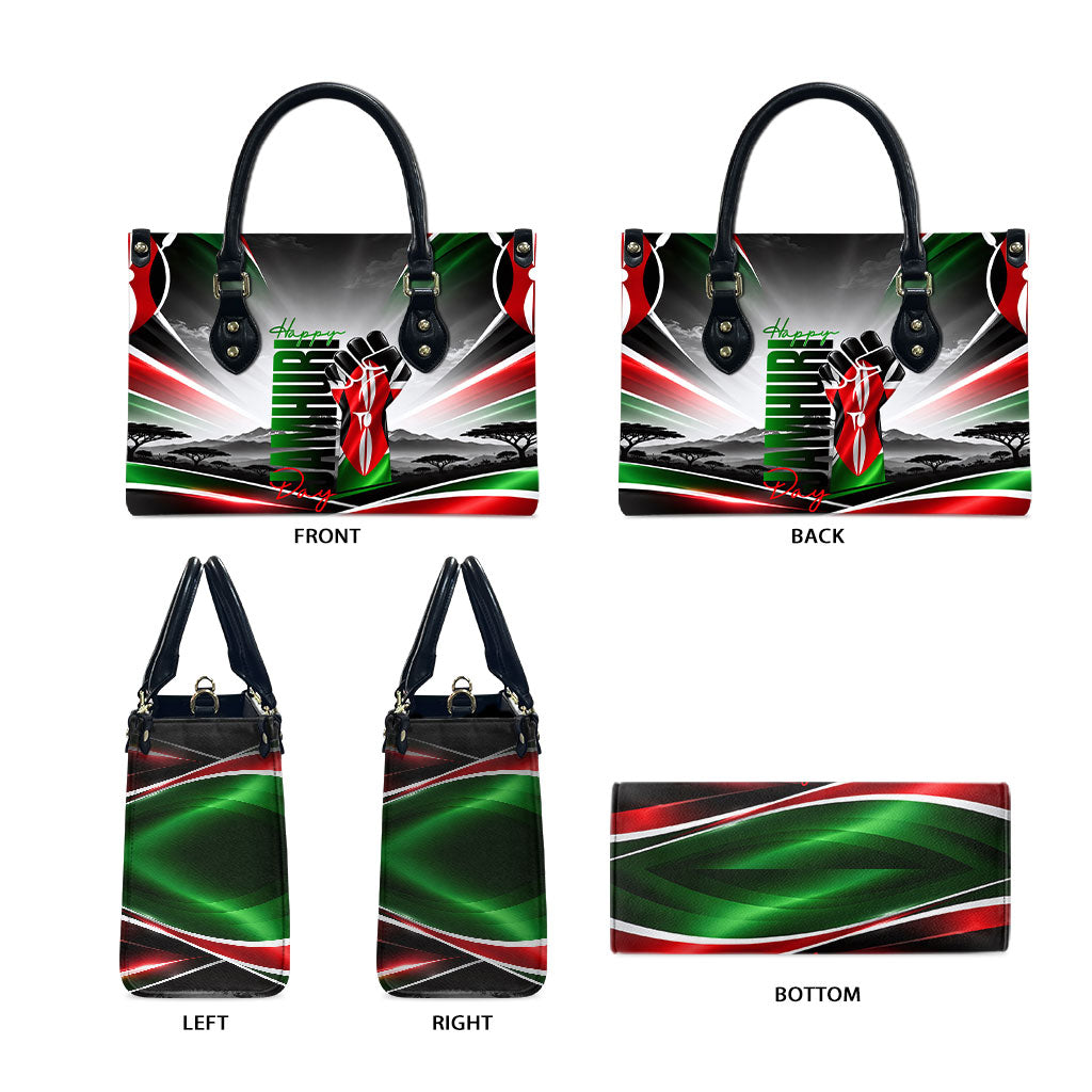 Kenya Jamhuri Day Leather Bag Kenyan Flag Raised Fist Maasai Spear Landscape