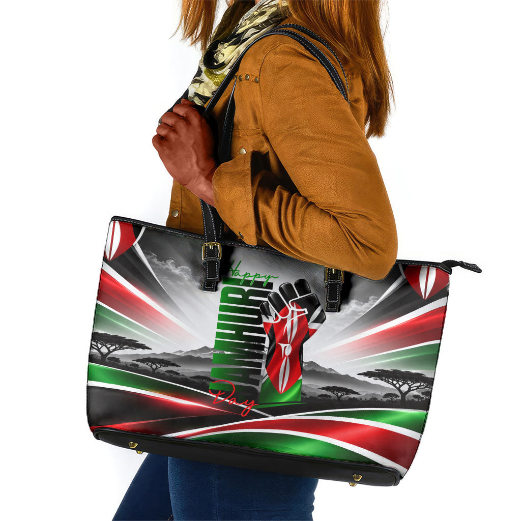Kenya Jamhuri Day Leather Tote Bag Kenyan Flag Raised Fist Maasai Spear Landscape
