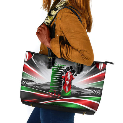 Kenya Jamhuri Day Leather Tote Bag Kenyan Flag Raised Fist Maasai Spear Landscape
