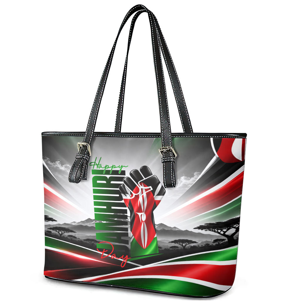 Kenya Jamhuri Day Leather Tote Bag Kenyan Flag Raised Fist Maasai Spear Landscape