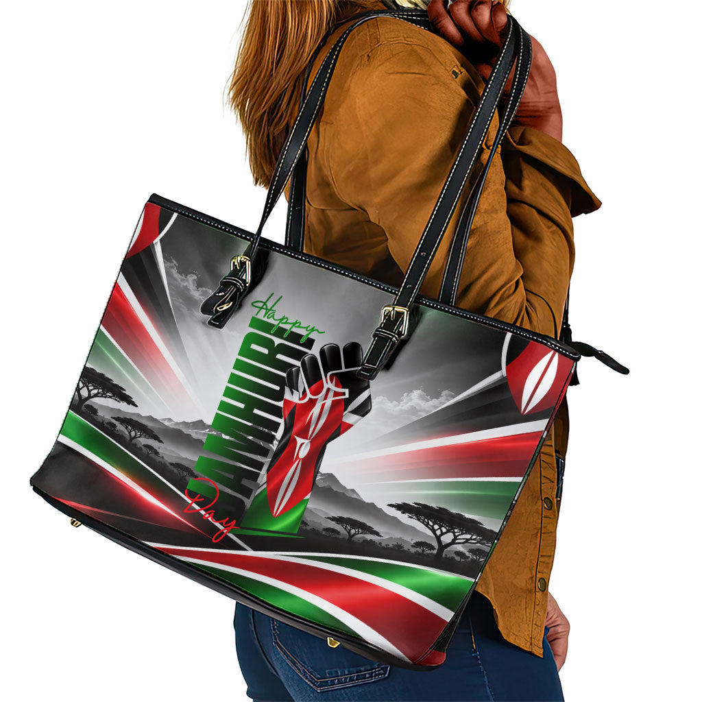 Kenya Jamhuri Day Leather Tote Bag Kenyan Flag Raised Fist Maasai Spear Landscape