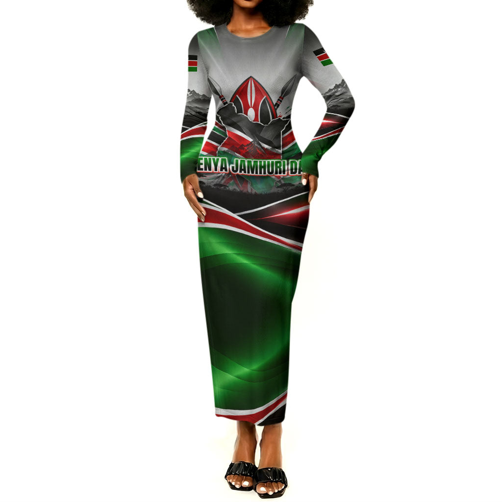 Kenya Jamhuri Day Long Sleeve Bodycon Dress Kenyan Flag Raised Fist Maasai Spear Landscape