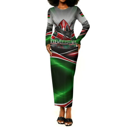 Kenya Jamhuri Day Long Sleeve Bodycon Dress Kenyan Flag Raised Fist Maasai Spear Landscape