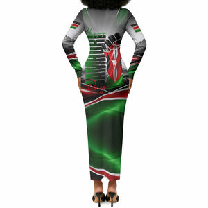 Kenya Jamhuri Day Long Sleeve Bodycon Dress Kenyan Flag Raised Fist Maasai Spear Landscape