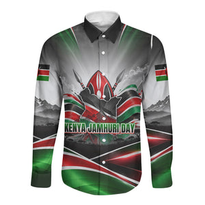 Kenya Jamhuri Day Long Sleeve Button Shirt Kenyan Flag Raised Fist Maasai Spear Landscape