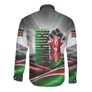 Kenya Jamhuri Day Long Sleeve Button Shirt Kenyan Flag Raised Fist Maasai Spear Landscape