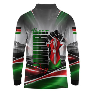 Kenya Jamhuri Day Long Sleeve Polo Shirt Kenyan Flag Raised Fist Maasai Spear Landscape