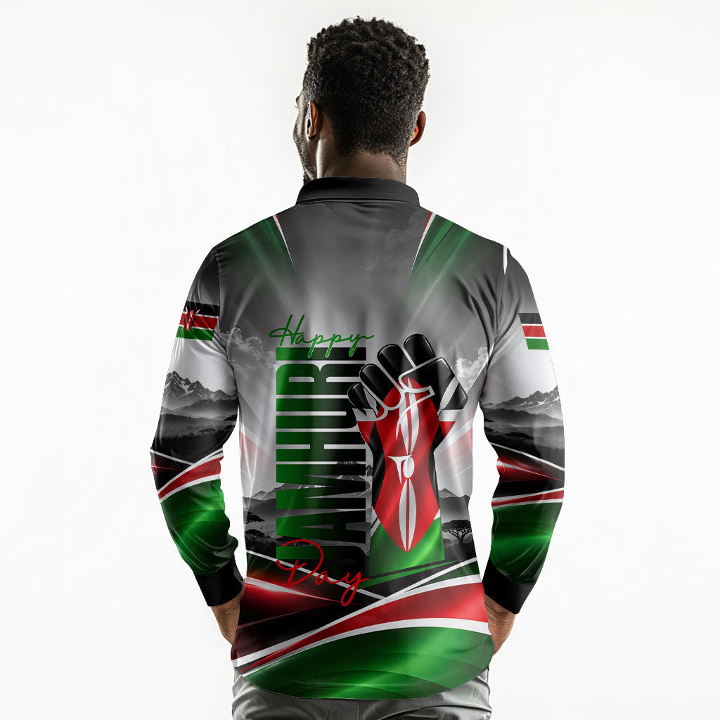 Kenya Jamhuri Day Long Sleeve Polo Shirt Kenyan Flag Raised Fist Maasai Spear Landscape