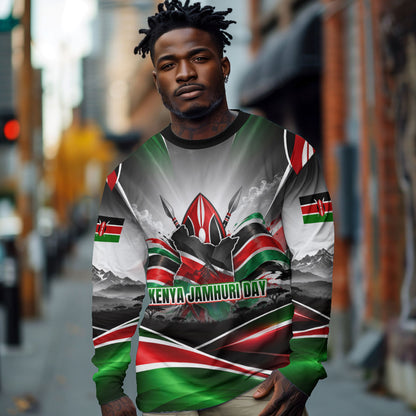 Kenya Jamhuri Day Long Sleeve Shirt Kenyan Flag Raised Fist Maasai Spear Landscape