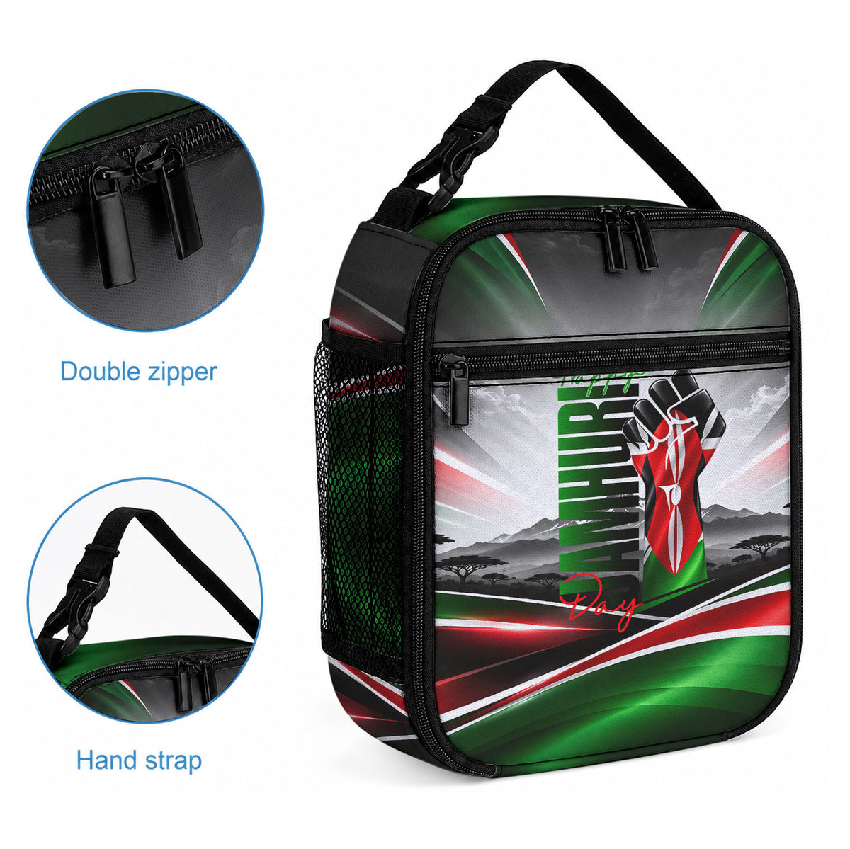 Kenya Jamhuri Day Lunch Bag Kenyan Flag Raised Fist Maasai Spear Landscape